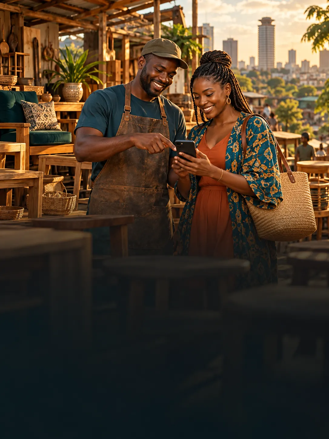 A furniture seller showing a buyer a listing on a phone